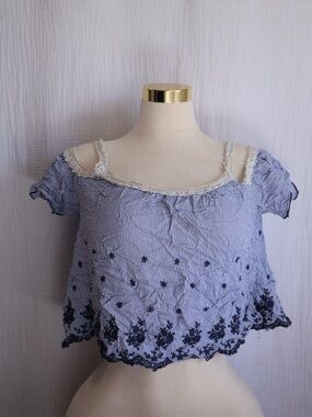 Papaya Blue and White Striped Lace-Trim Crop Top